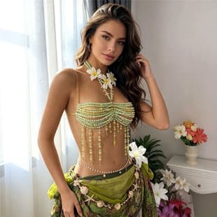 European and American New Women's Accessories Body Chain Light Yellow Bead Gem Pendant Beach Sexy Tank Top Body Chain Accessory