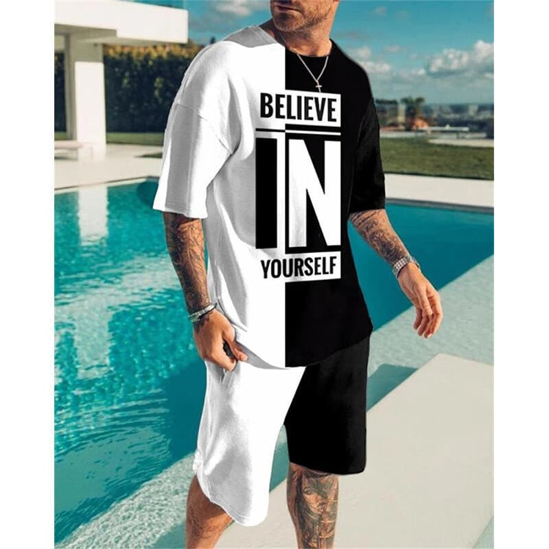 2025 Summer Cross-Border New Men's T-Shirt Set, 3D Digital Print Sports Set, Fashion Casual Two-Piece Set
