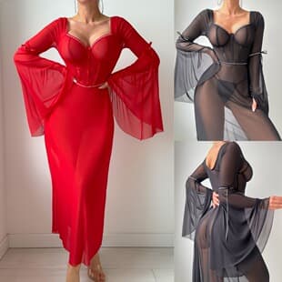 Sexy Lingerie Cross-border New Sexy Mesh Bow Red/Black Long Dress Sexy Lingerie Set