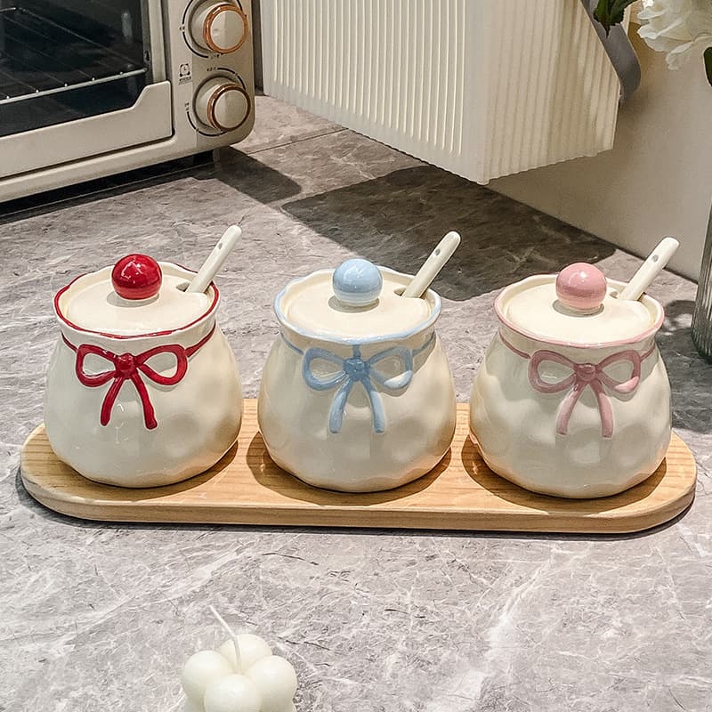 Cute Bowknot Seasoning Jar Kitchen Home Combination Set Ceramic Spice Box Salt Shaker Pepper Container Storage Organizer