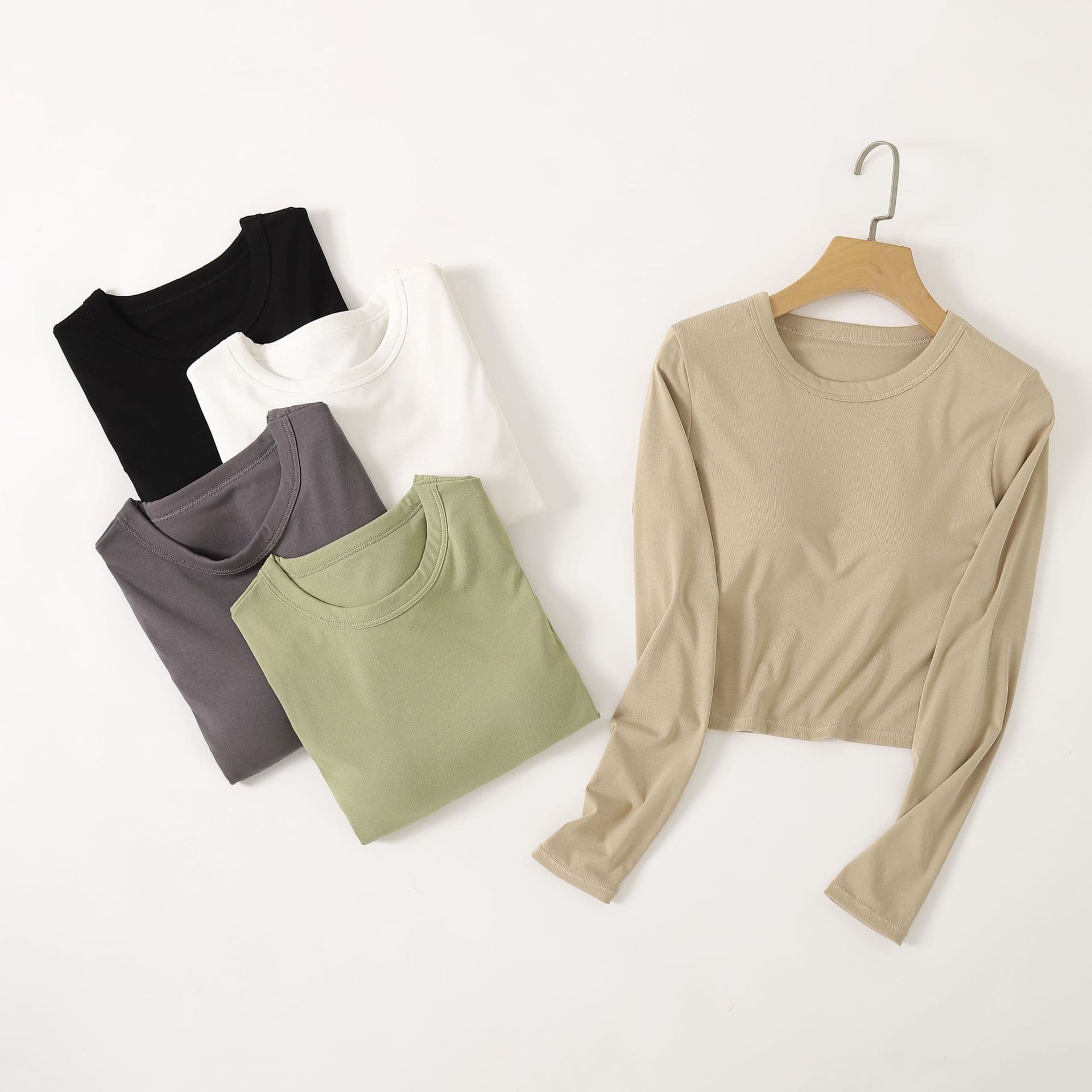 Built-In Bra Crop Round Neck Long-Sleeve Layering Top, Summer Short Style Wire-Free Women's Inner Wear T-Shirt