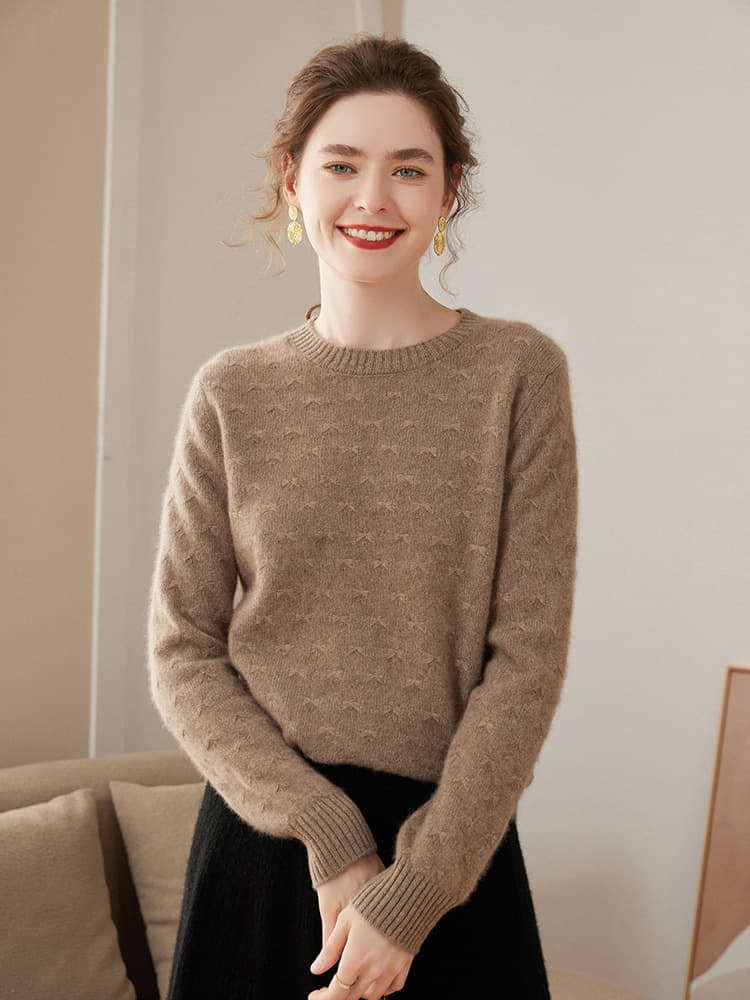 Cashmere Round Neck Knitwear Long-Sleeved Women's Autumn and Winter New Style Cut Out Jacquard Loose Elegant Versatile Bottoming Shirt Simple
