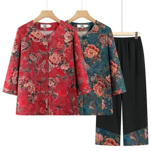 Summer Chinese-style Blouse for Elderly Women, Mid-sleeve Mother's Shirt, Old Lady Outfit Set