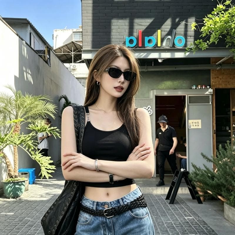 Vintage Pure Style Black Sleeveless U-neck Top with Built-in Pads, Metal Strap, Photogenic and Trendy Retro Slim Fit Top for Women