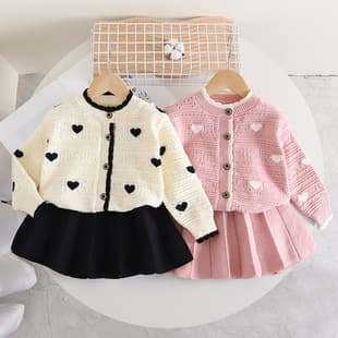 Girls' New Knit Skirt Set Sweet Heart Hollow Sweater Dress Two-Piece Outfit Export Children's Autumn/Winter New Long Sleeve