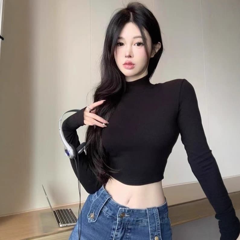 Half turtleneck top for women, long sleeves, high waist, navel-baring short style, spring, summer, autumn and winter student t-shirt bottoming shirt, pure cotton dance