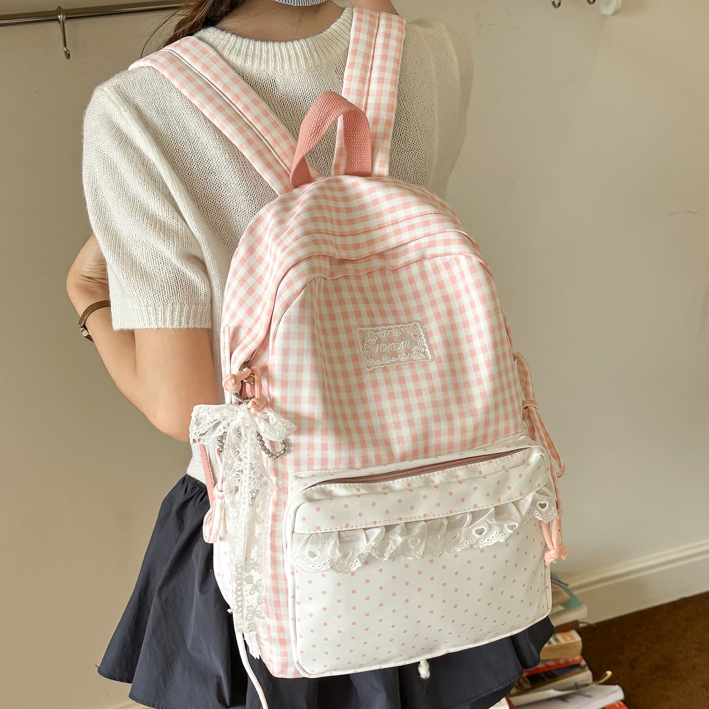New Fashion Plaid Polka Dot Lace Trim Sweet Travel Mini Backpack for Girls, Student-Friendly Double-Shoulder Bag