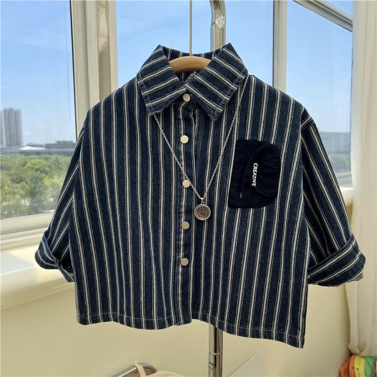 23 Korean Children's Autumn New Arrival Boys' Denim Shirt, Vertical Striped Turn-down Collar Casual Thick Denim Outerwear
