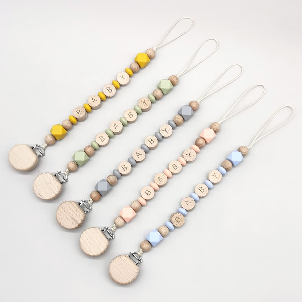 New Cross-Border Baby Pacifier Clip, Creative Beech Wood Letter Beads Silicone Teether Anti-Drop Chain