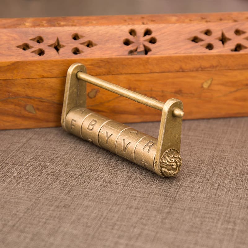 Large English combination lock, antique style, horizontal opening, distressed finish, bag padlock, retro brass lock, old-fashioned lock.