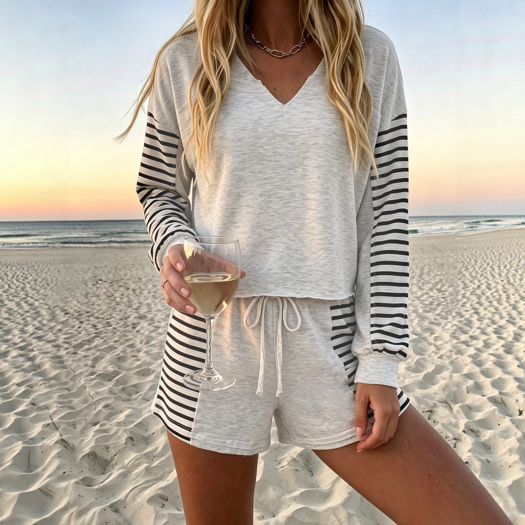Casual striped patchwork short suit V-neck striped sleeve top + drawstring shorts two-piece home set