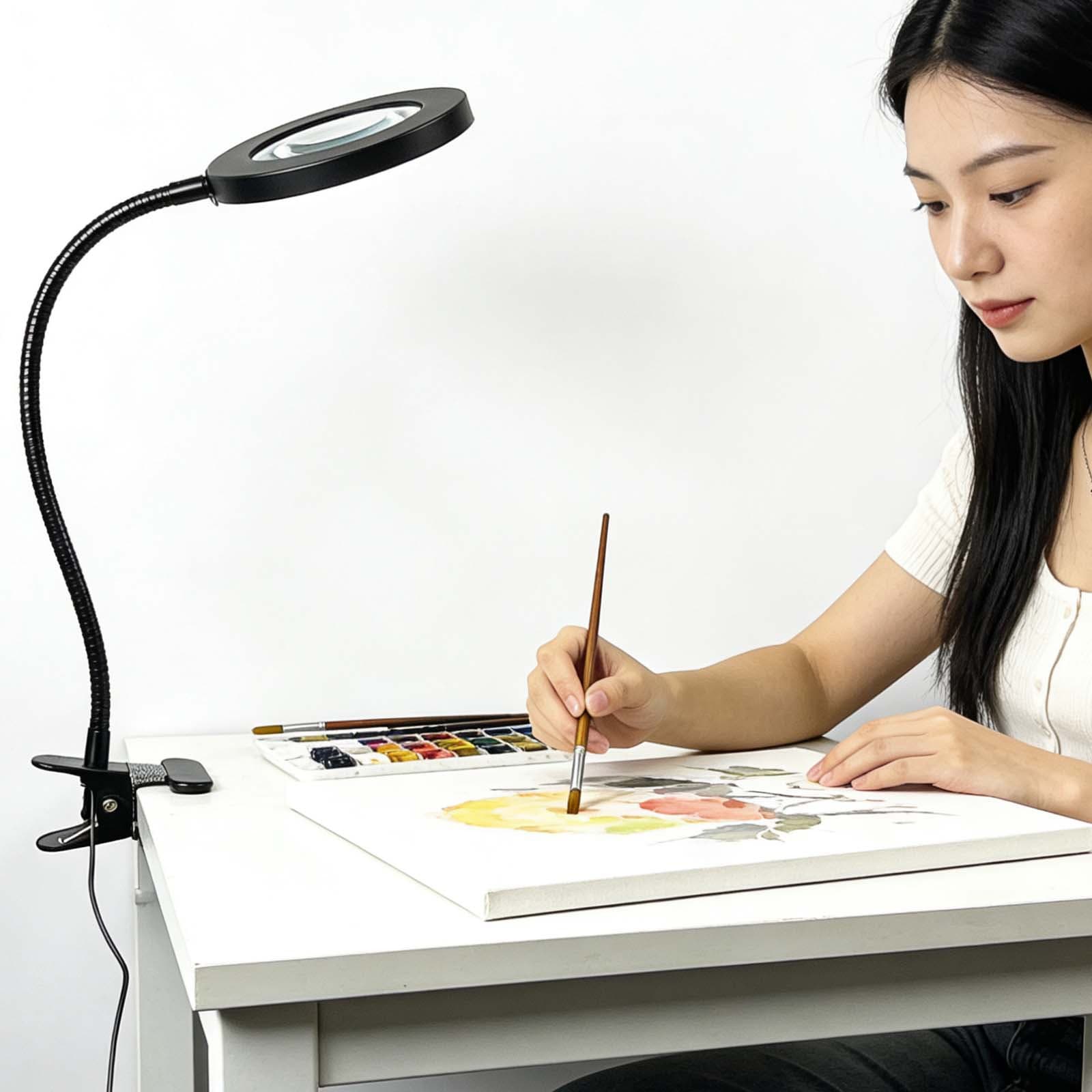 Magnifying Lamp with Flexible Tube Clamp, HD Magnifier with LED Three-Color Cool and Warm Light Adjustable for Precision Repair Work
