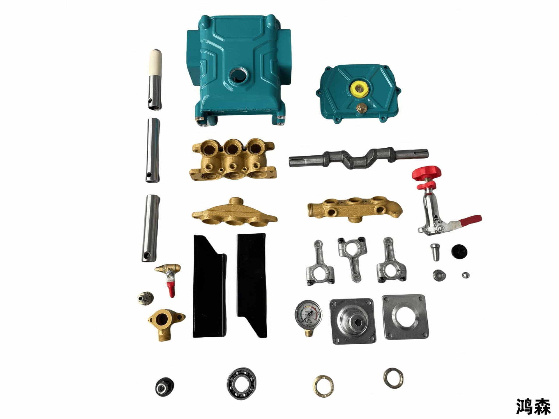 High-pressure three-cylinder plunger pump head accessories: crankshaft, valve stem, cylinder block, pressure gauge, oil ring, connecting rod, grease cup, switch, and others.