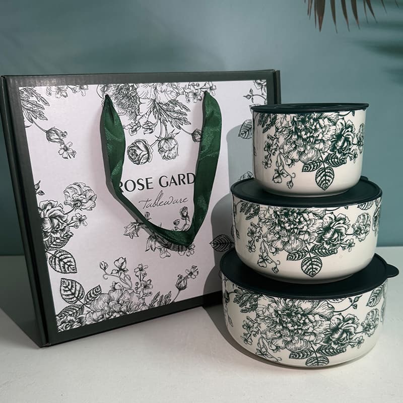 Green Rose Ceramic Instant Noodle Bowl Food Storage Bowl 3-Piece Set Gift Souvenir Sealed Bowl Set Wedding Conference Marketing Gift Wholesale