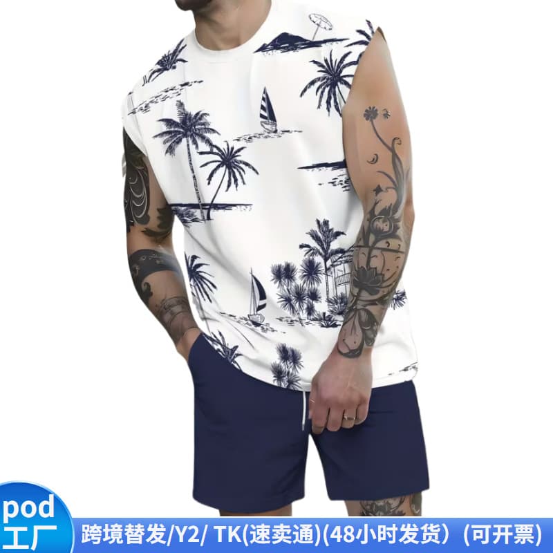 Cross-border Temu American-style 3D printed men's vest and shorts set, casual sport vest and shorts two-piece set