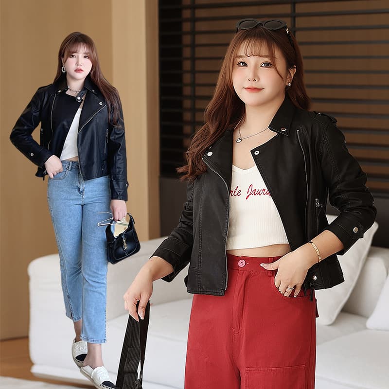 European and American style celebrity style black motorcycle leather jacket wholesale Runqi N5428 plus size women's slim fit coat top