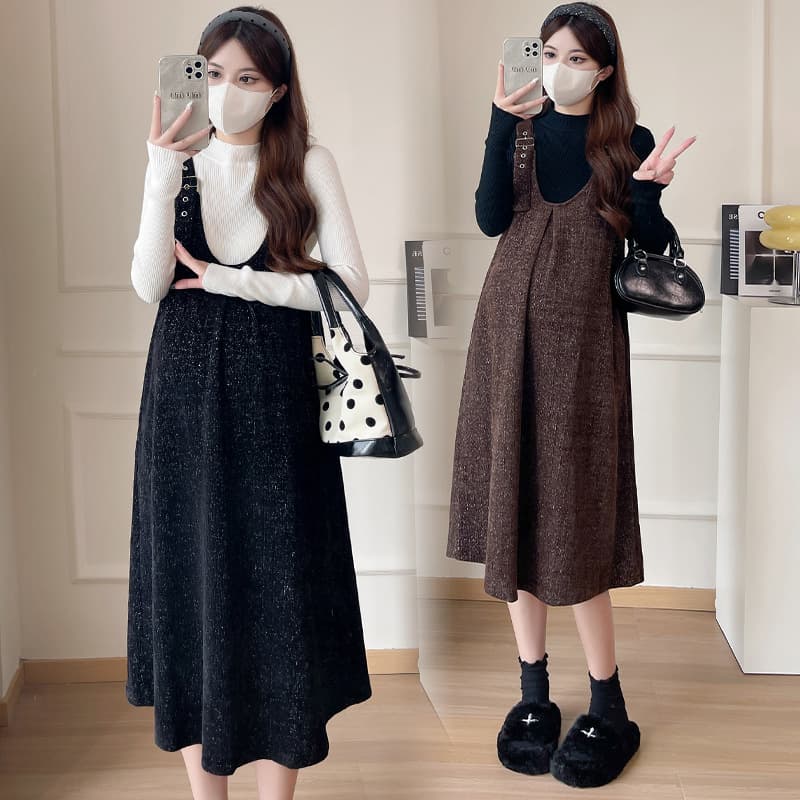 Plus Size 2024 Fall Winter New Maternity Overalls Dress + Sweater Two-Piece Set