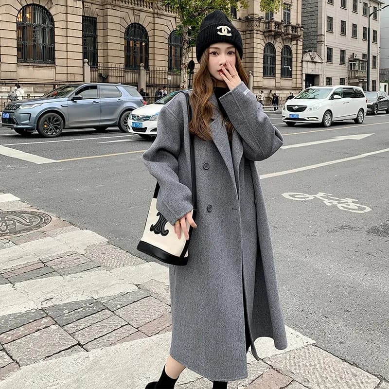 Pink Tweed Coat for Women 2023 Autumn/Winter New Korean Style Loose Mid-Length Audrey Hepburn Style Wool Coat