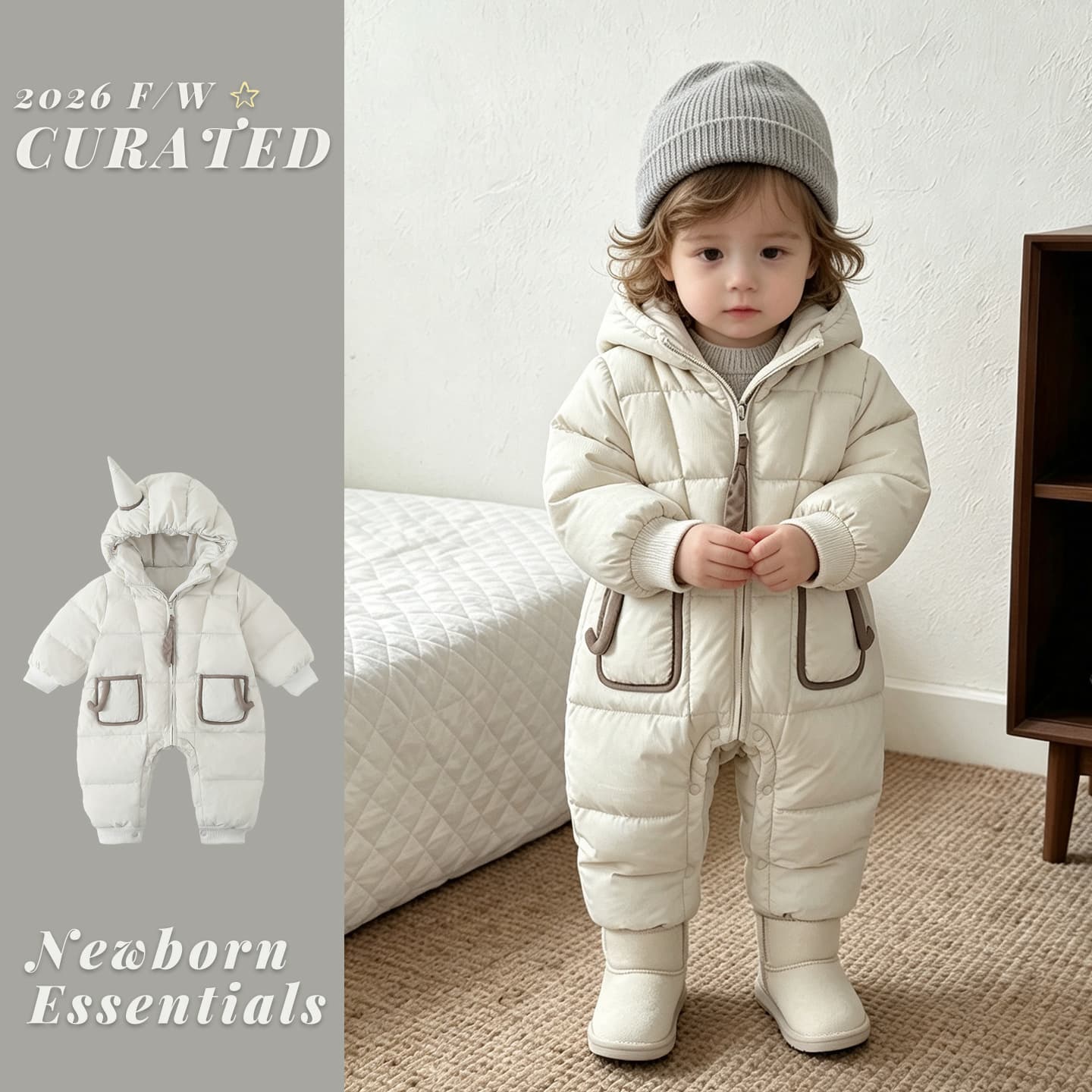Baby Winter Down Jumpsuit Romper for Boys, Super Cute Outfit for Newborns, White Duck Down Warm Bodysuit Crawling Suit