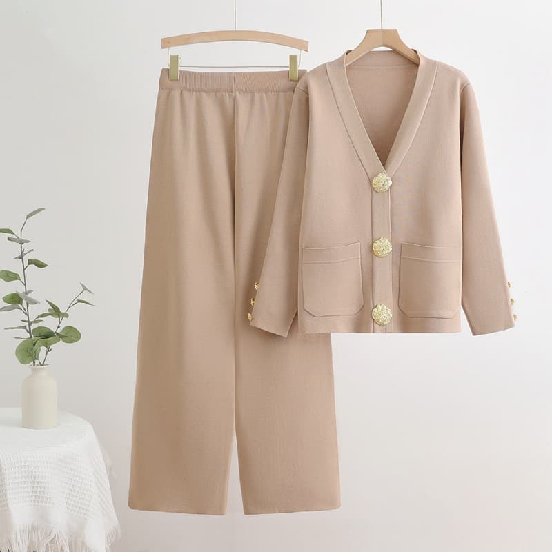 Cross-border Large Button Knit Sweater Two-Piece Set for Women, Autumn Winter 2026 New Loose Casual Wide-Leg Pants Suit Fashion