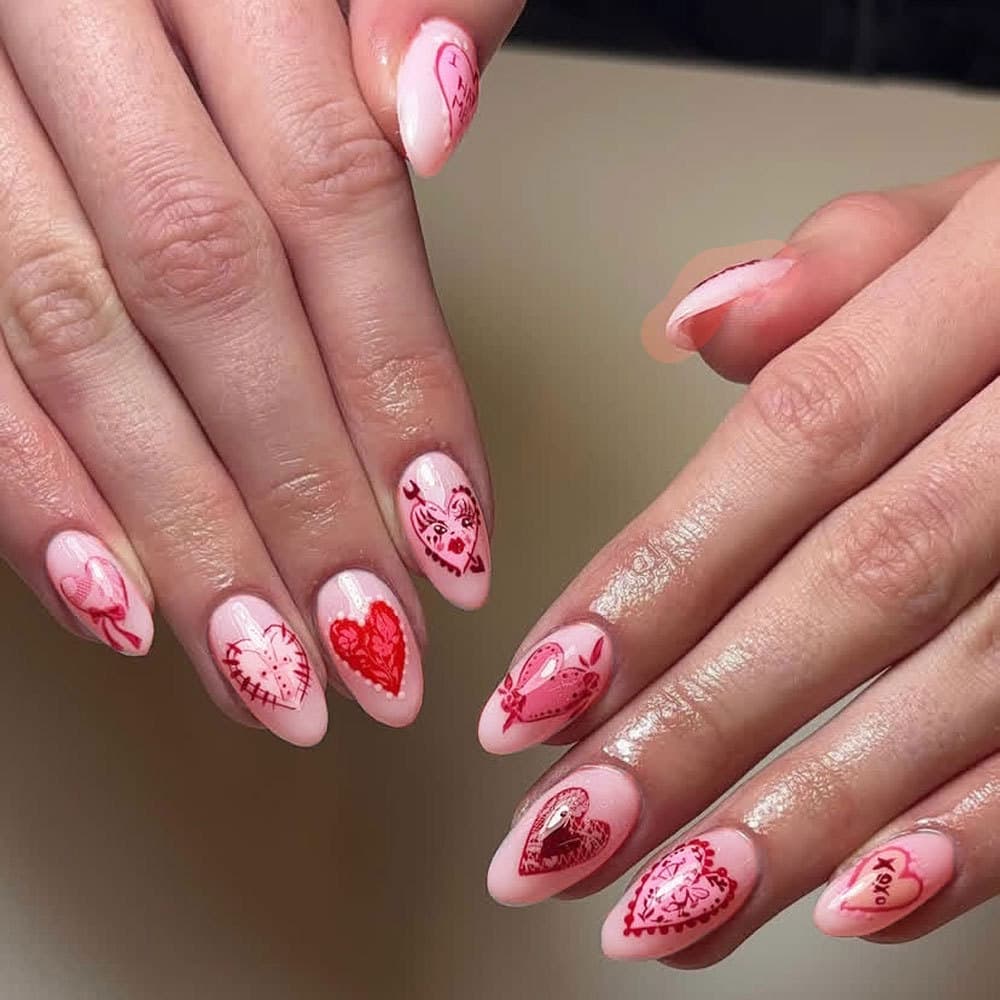 Sweetheart Wearable Nails Long Almond Hand-painted Red Heart Nails Valentine's Day Removable Fake Nails