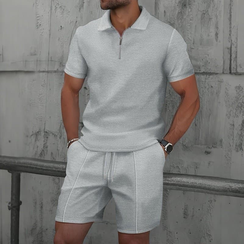 Custom Waffle Knit Set New Turn-down Collar Polo Men's Set Short Sleeve Shorts Casual Sports Set Linen