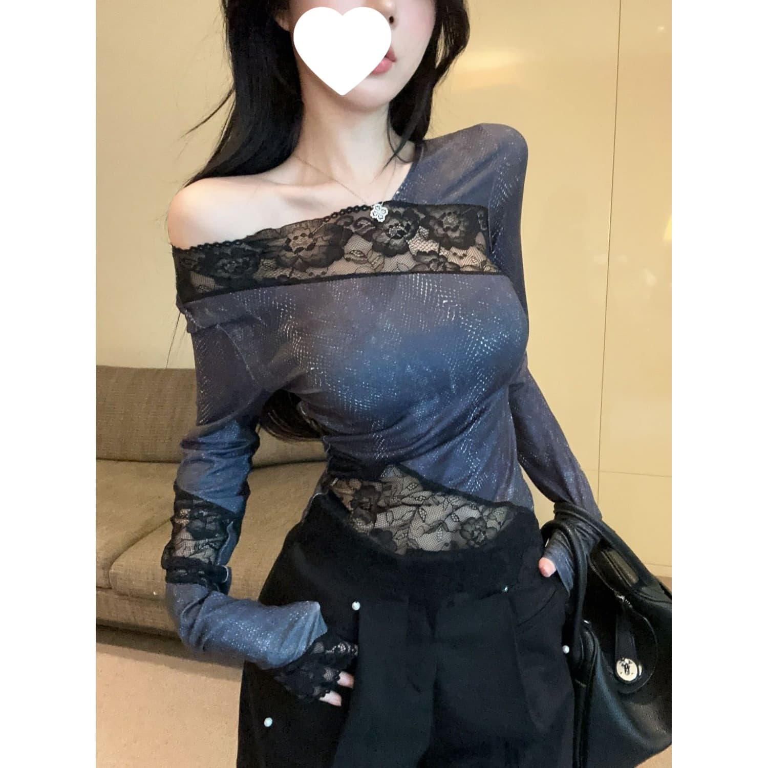 Spring hot girl style retro long-sleeved shirt with lace for outer wear, stylish and slim-fitting irregular top