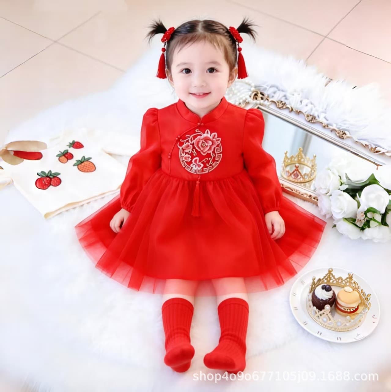 Spring and summer girls' high-quality crystal silk satin dress, 100th anniversary dress, baby girl's festival style dress