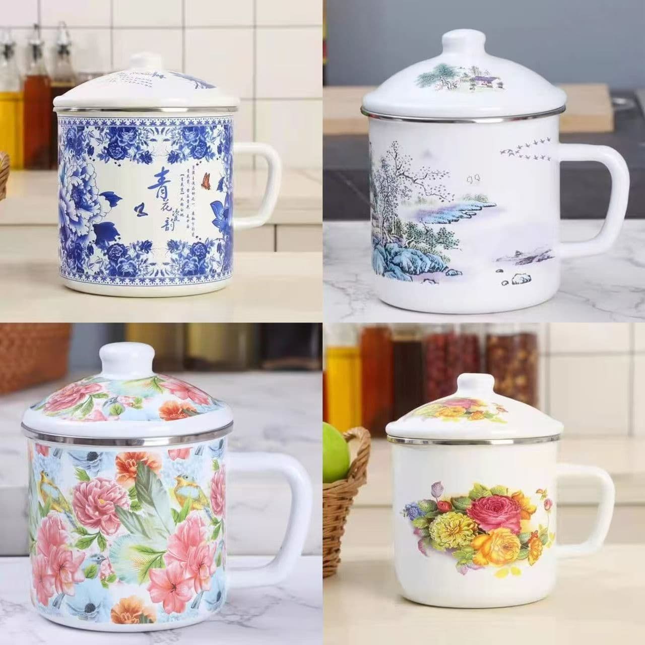 Old-fashioned enamel jar with lid, tea jar with lid, new tea cup, blue and white porcelain, cross-border e-commerce wholesale factory