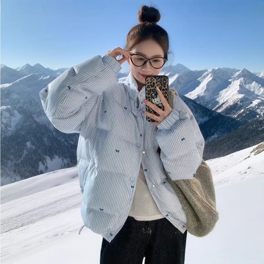 2025 Winter New Style Women's Cotton Jacket, Japanese/Korean Vibe Style Striped Bow Versatile Thickened Coat Live Stream Foreign Trade Cangzhou