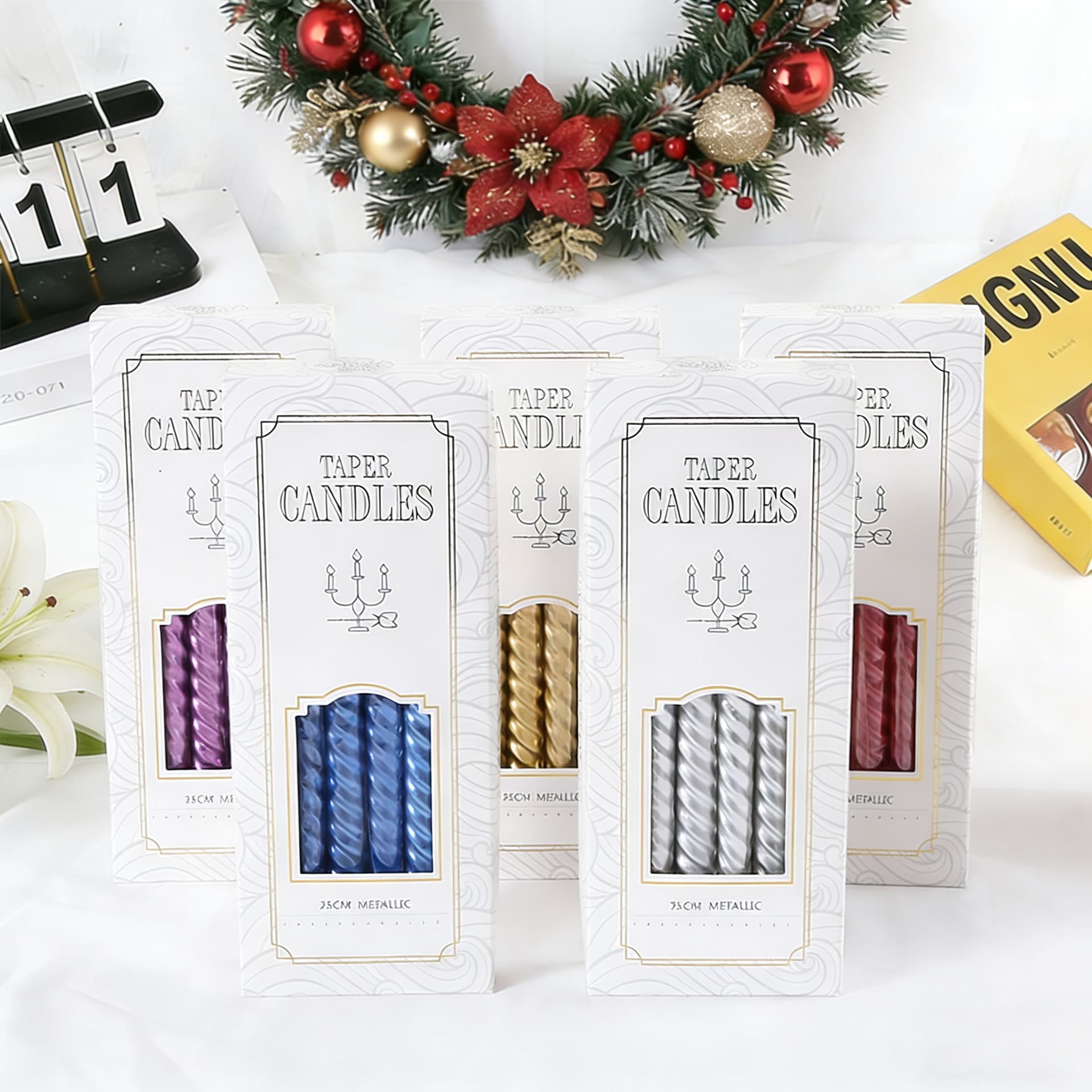 Electroplated Taper Candles 12-Pack Boxed, Colored, Romantic Long Candles for Western Restaurants, Home Lighting, Threaded Spiral Wax