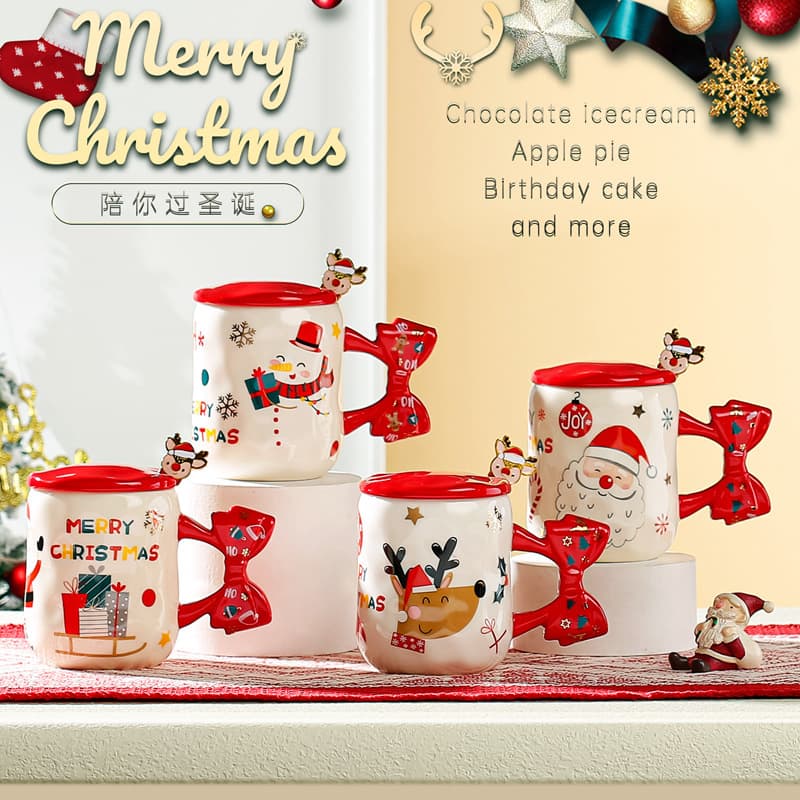 Cross-border High-quality Christmas Couple Ceramic Mug, Christmas Water Cup, Souvenir Gift, Bowknot Cartoon Mug
