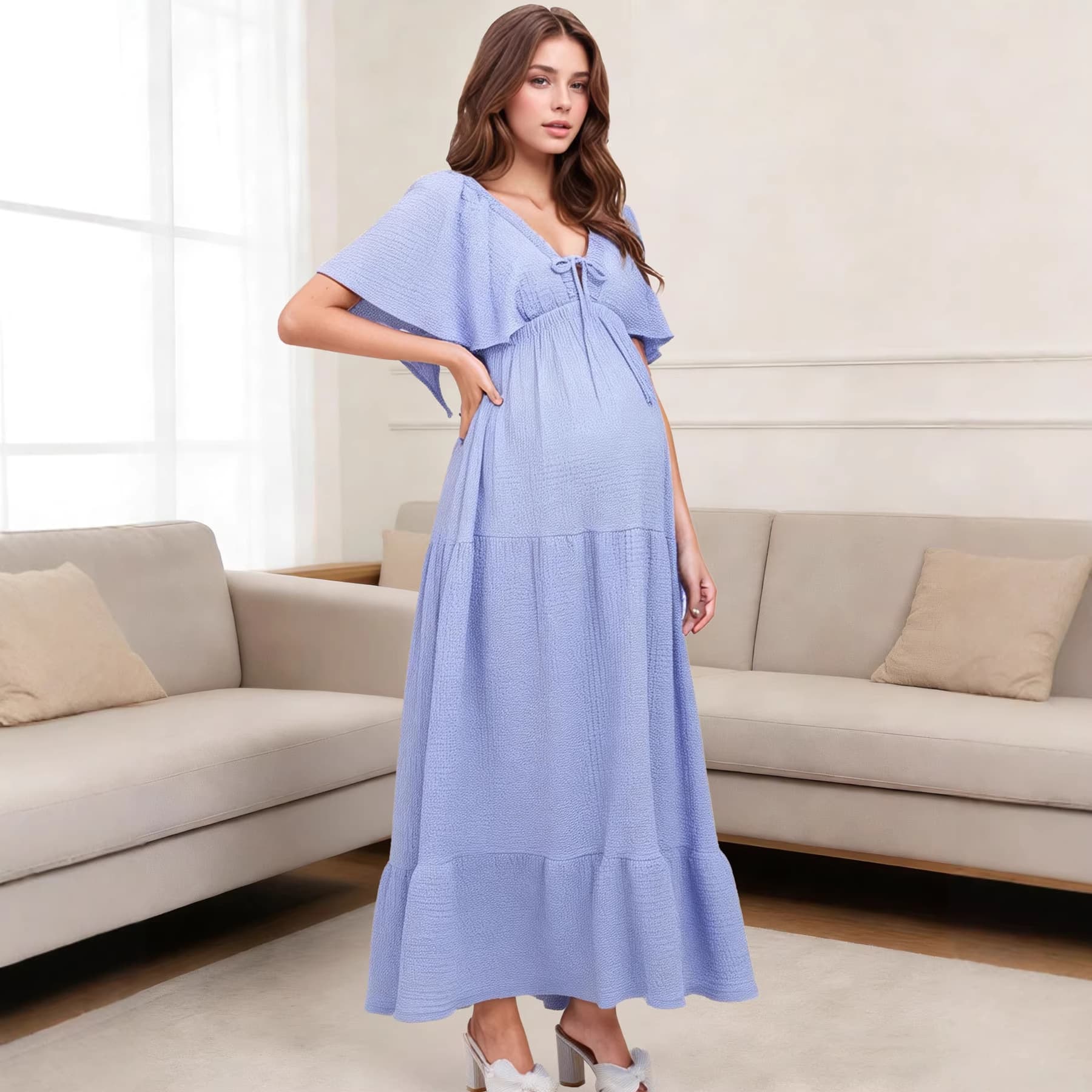 In-Stock Women's V-Neck Flutter Sleeve Backless Layered Hem Maxi Dress, Casual Elegant Women's Comfortable Clothing