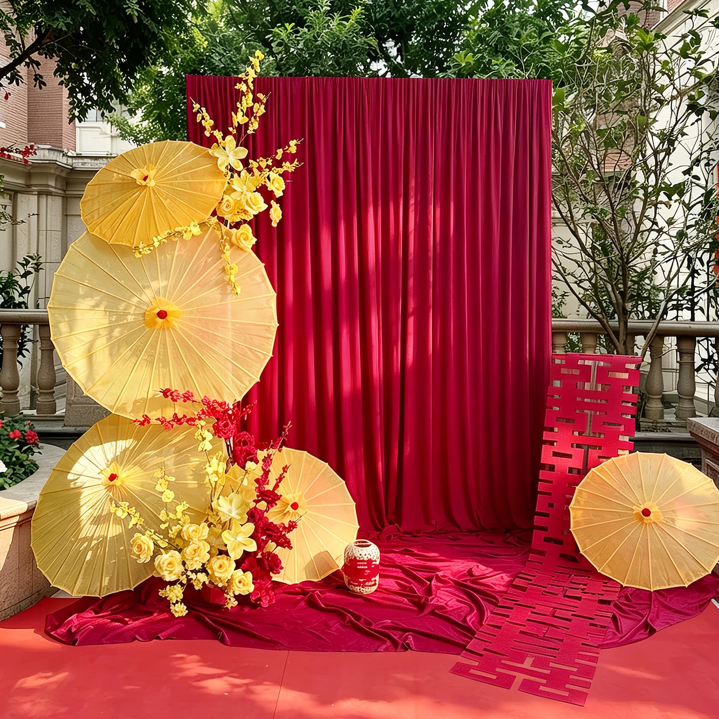 Love and happy event wedding decoration hotel wedding room decoration set Chinese style cloth curtain background woman's dressing gown photo props