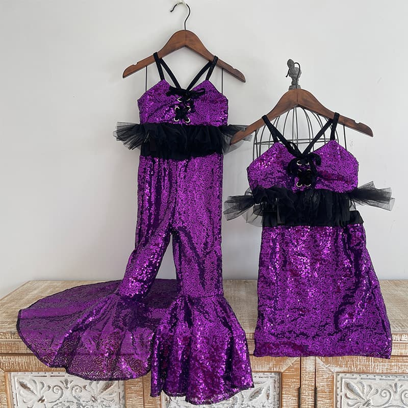 007 Girls Purple Sequin Lace Cami Fitted Short Dress Flared Pants Set