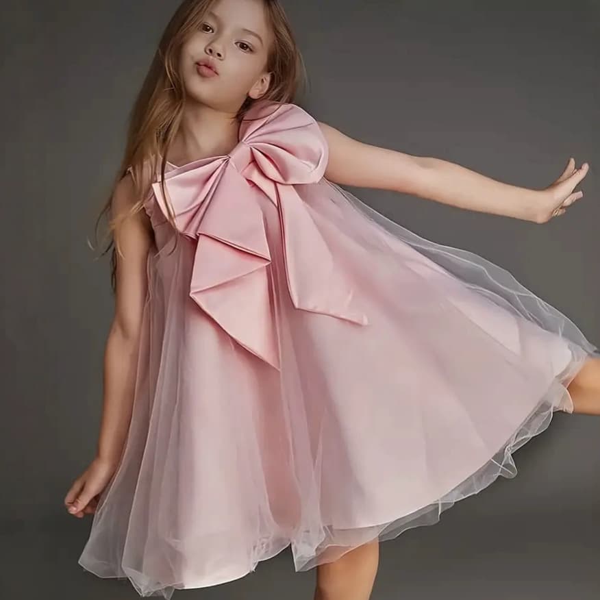 New European and American popular girls solid color big bow birthday dinner performance dress western style princess dress