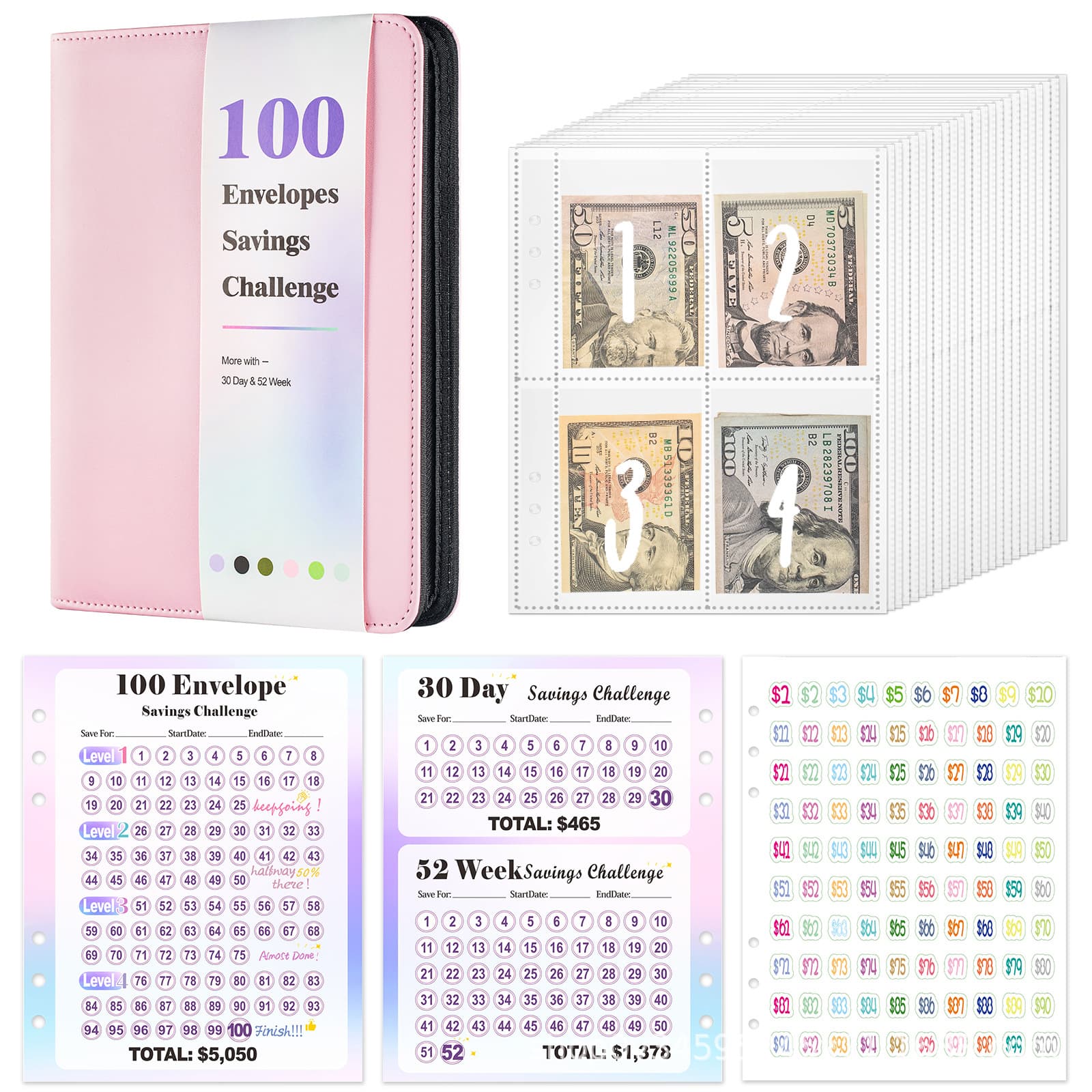Cross-border Hot Sale 100-Day Savings Challenge Binder with Zipper Pouch Cash Budget Savings Notebook In Stock Wholesale