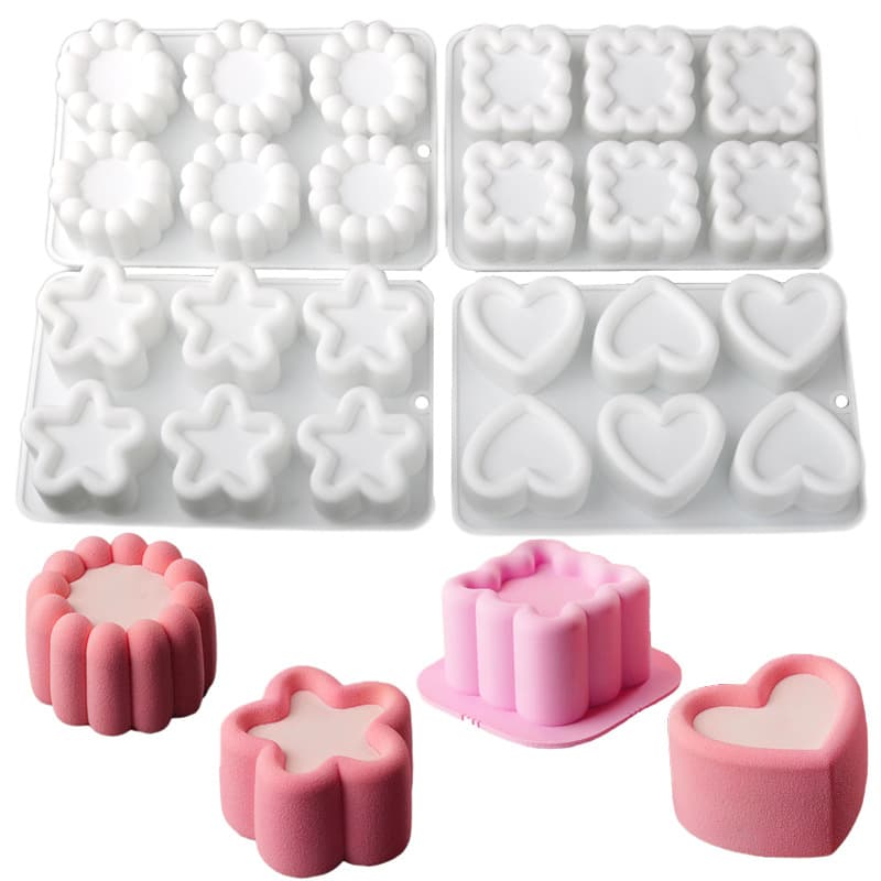 6-Cavity Recessed Flower, Square, Triangle, Heart Silicone Mousse Mold Art Chocolate Cake Dessert