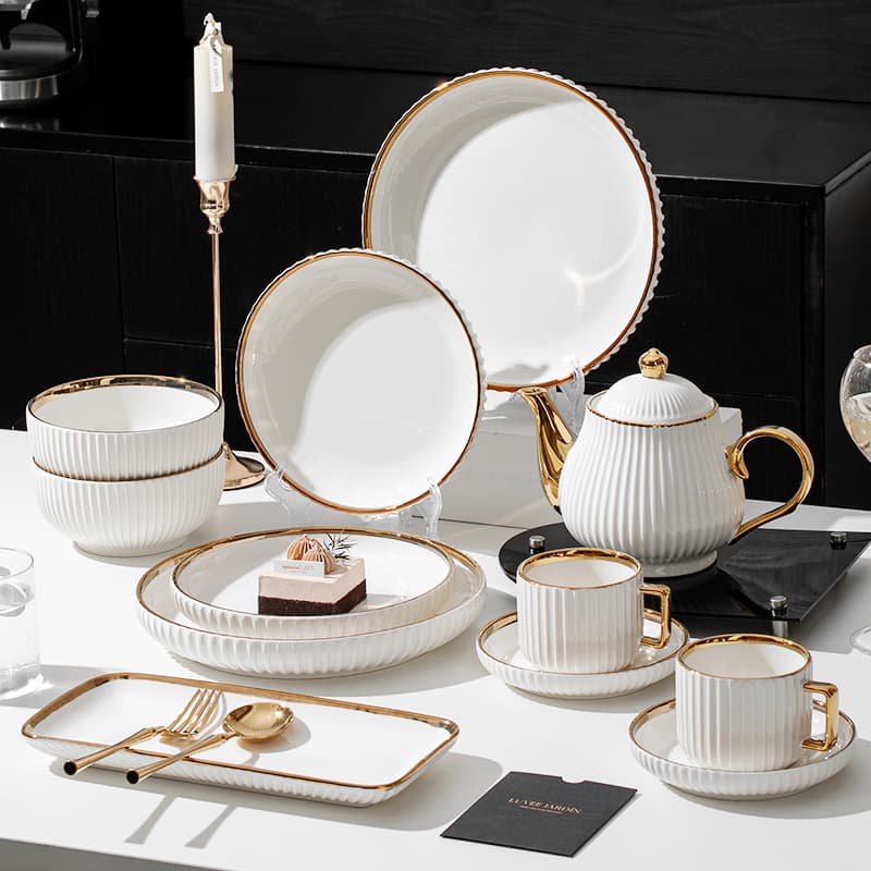 Simple Vertical Striped Bright White Gold Rim Dinnerware Set, Light Luxury Premium Housewarming Gift, Household Ceramic Bowl and Plate Set