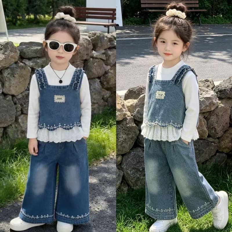 Girls Spring Autumn Outfit 2026 New Children's Stylish Denim Vest Long Sleeve 3-Piece Set Toddler Fall Kids Clothes Trendy