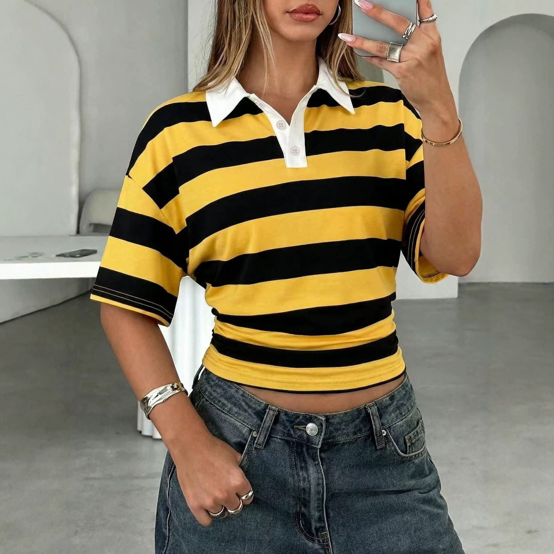 Cross-border Trade American College Preppy Striped Polo Neck Crop Top Short Sleeve Half-Zip Tee
