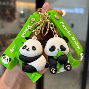 Cartoon Panda Holding Bamboo Keychain, Cute Panda Couple Coin Purse Pendant, Holiday Claw Machine Small Gift