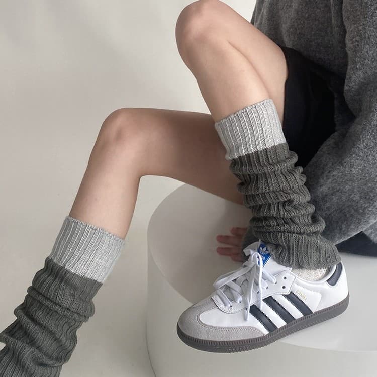 Knit Leg Warmers Autumn Winter Contrast Color Stitching Simple Tube Socks Gray Warm Socks