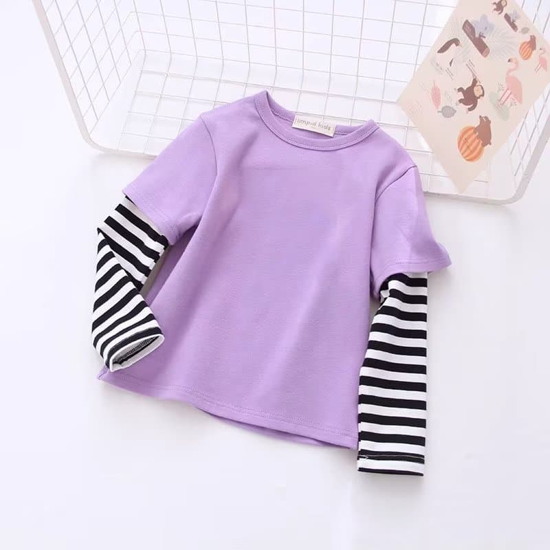 Kids Long-Sleeve T-Shirt 2025 Spring/Autumn Striped Spliced Sleeve Casual Solid Top for Boys and Girls, Older Kids