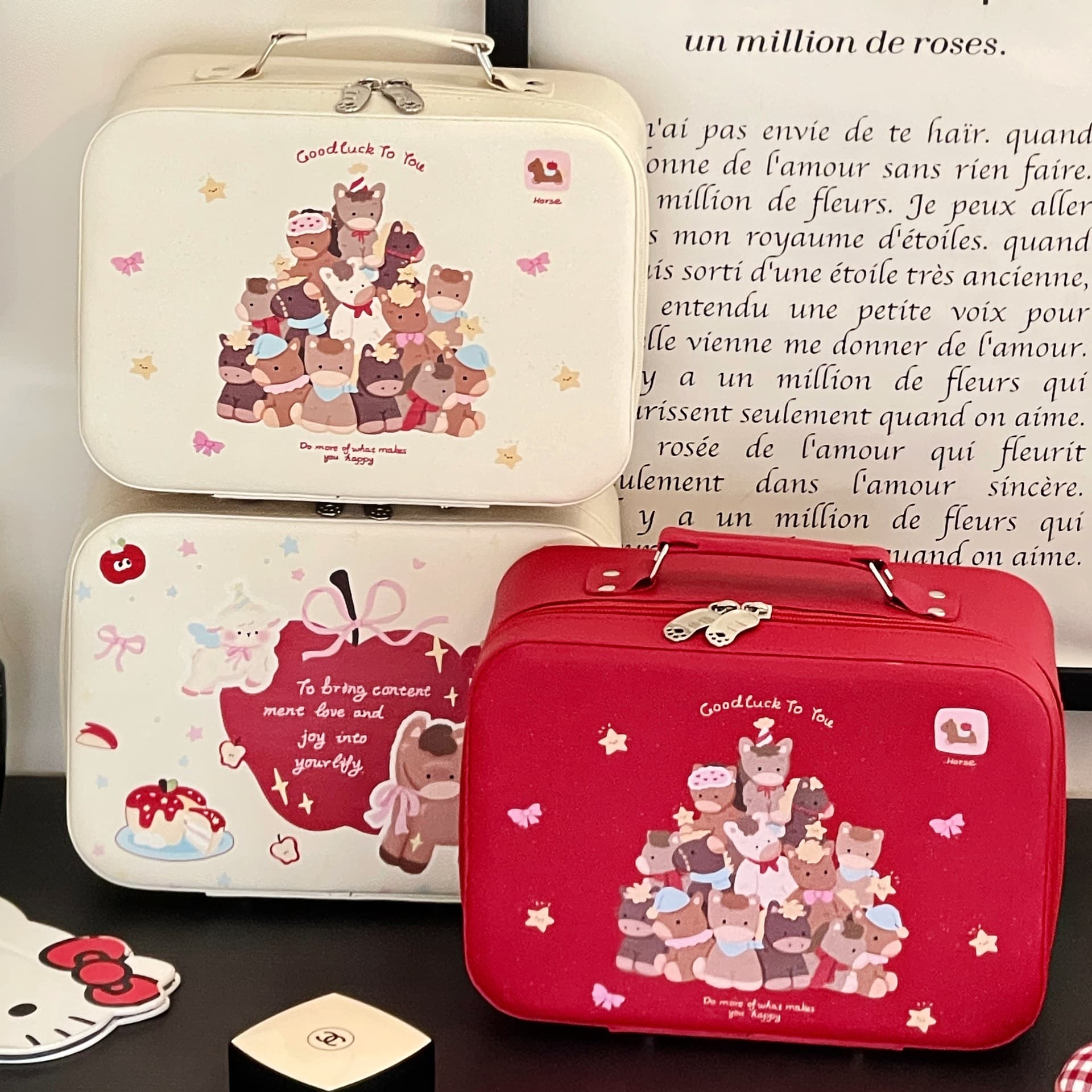 New Year Pony Makeup Case for Women 2026 Large Capacity Portable Makeup Bag with Mirror Niche Travel Handheld Storage Bag