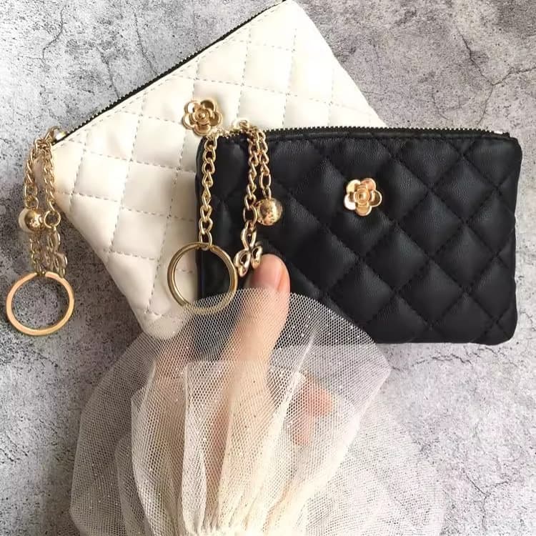 Small Wallet for Women Short Thin New Driver's License Key Holder Mini Card Holder Camellia Diamond Pattern Zipper Coin Purse