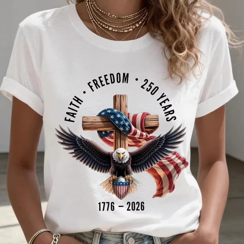 2026 Cross-border Amazon Independent Site Spring/Summer New Eagle American Flag Cross Print Crew Neck Short Sleeve