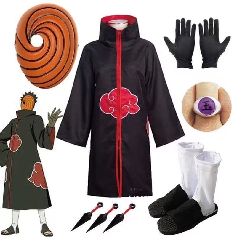 A Fei Cosplay Costume Naruto Akatsuki Cloud Robe Cosplay Set Red Cloud Cloak Obito Mask Ring Jade