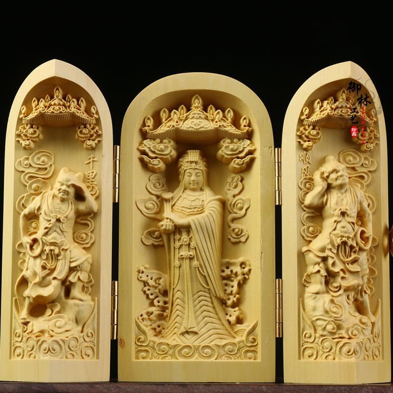 Small-leaf Boxwood Carving of Western Three Saints Buddha Statue, Solid Wood Portable Buddha, Three-Compartment Box, Craft Gift Wholesale