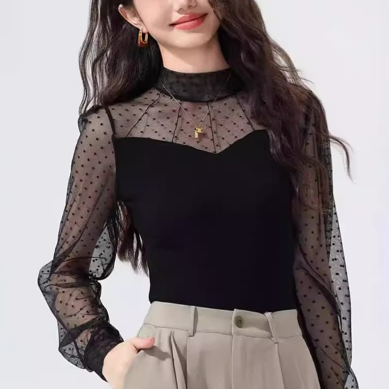 Lace Top Women's Long Sleeve 2024 Fall/Winter New Plus Size Women's Half High Neck Mesh Inner Layer Undershirt Stylish Blouse